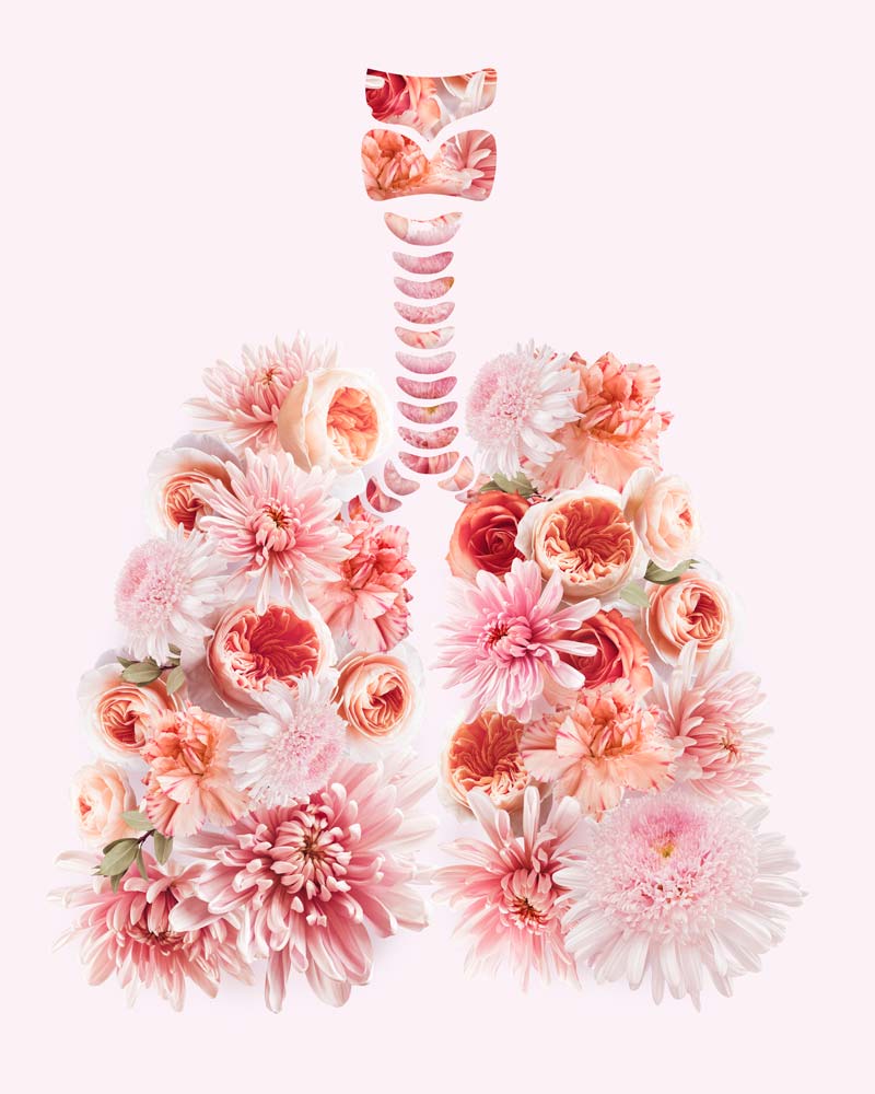 Mixed media art lungs with flowers